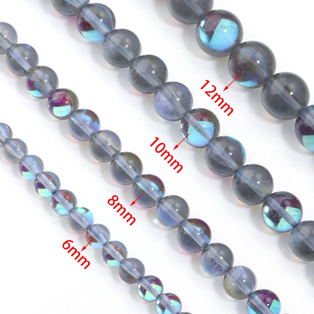 26-60 Stück 6 8 10 12mm synthetische Kristallglasperlen, runde Glitzer-Mondstein-Perlen, lose Perlen für Schmuckherstellung, DIY-Armband, Halskette – Detail 1