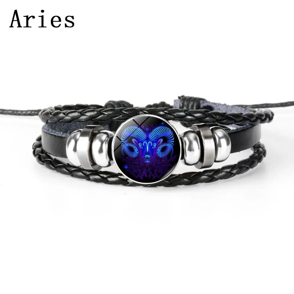 Classic 12 Zodiac Signs Constellation Charm Bracelet Men\'s and Women\'s Hand Woven Multilayer Leather Bracelets Jewelry Gift