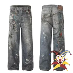 Pantalones de retales desgastados Retro Para hombres y mujeres, pantalones vaqueros de piso elástico, pantalones de Joggers lavados negros