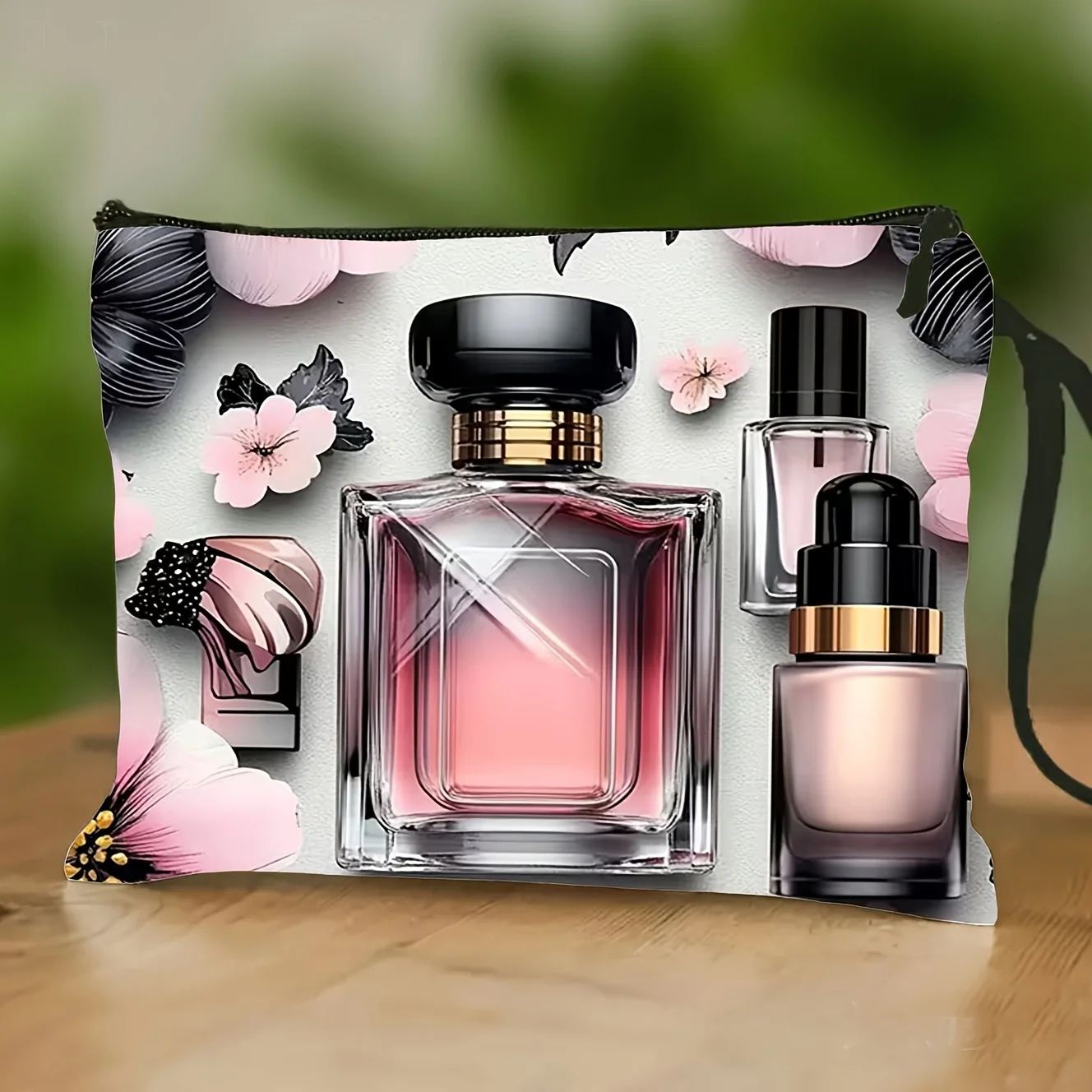 Perfume Bottle Floral   Makeup Bag Pink And Black Floral Design Lightweight And Practical Toiletry Bag Lipstick Per