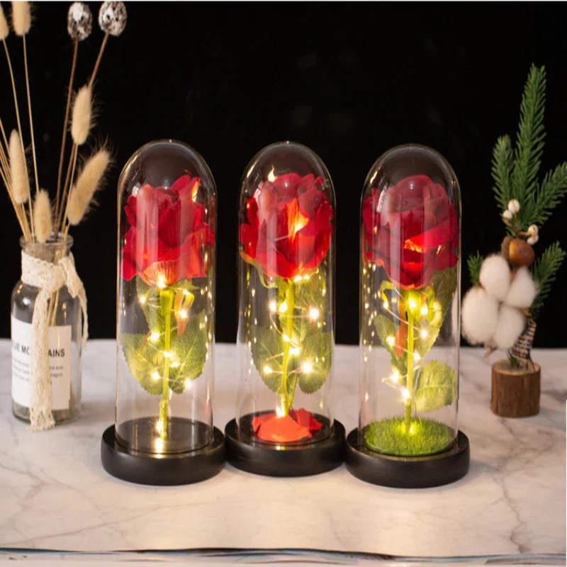 LED Beauty And The Beast Preserved Roses In Glass Galaxy Rose Flower Light Artificial Flowers Christmas Valentine Flowers Gift