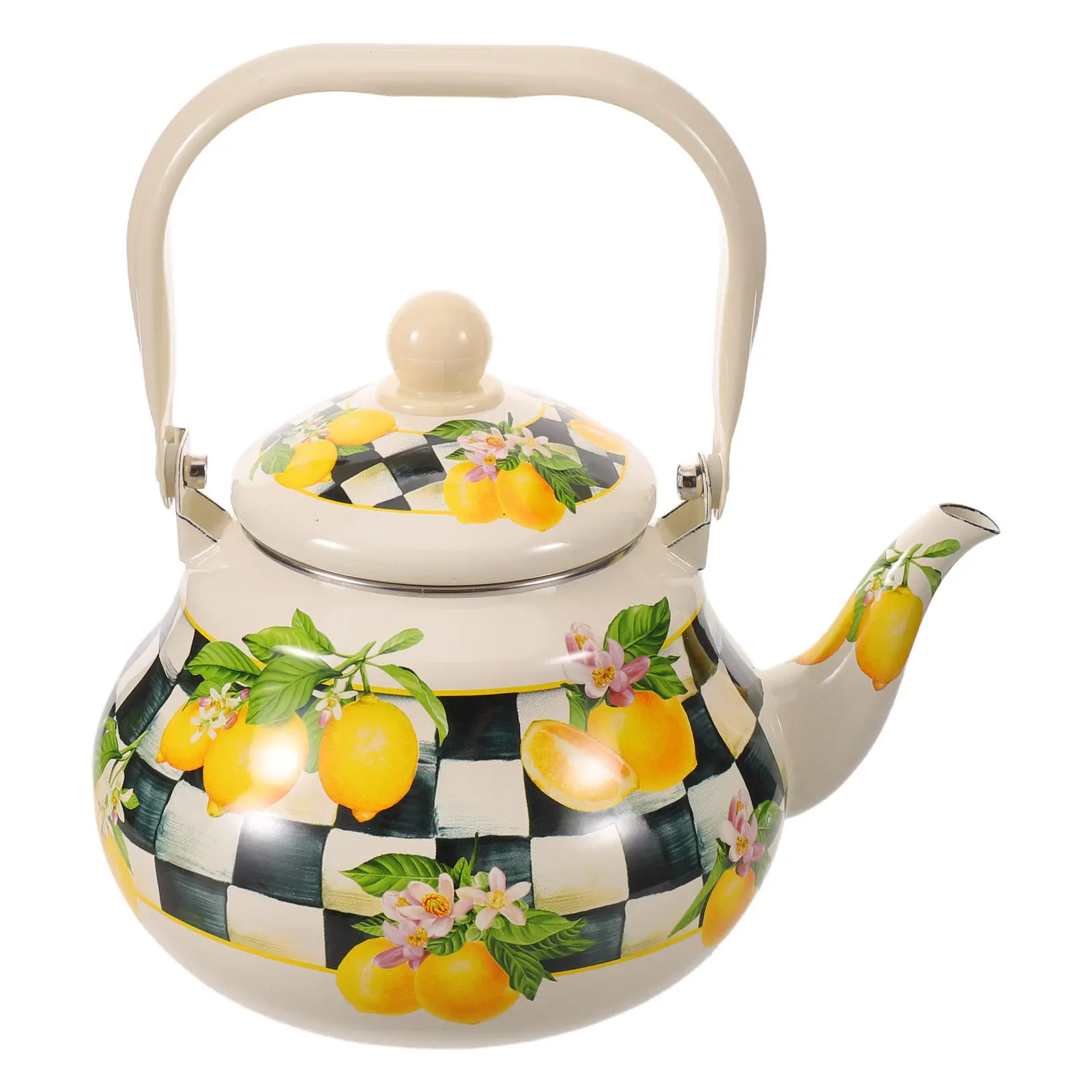 Checkered Enamel Tea Kettle Vintage Lemon Pattern Stove Safe Enameled Steel Teapot Anti-Scald Handle Stovetop Kitchen Decorative