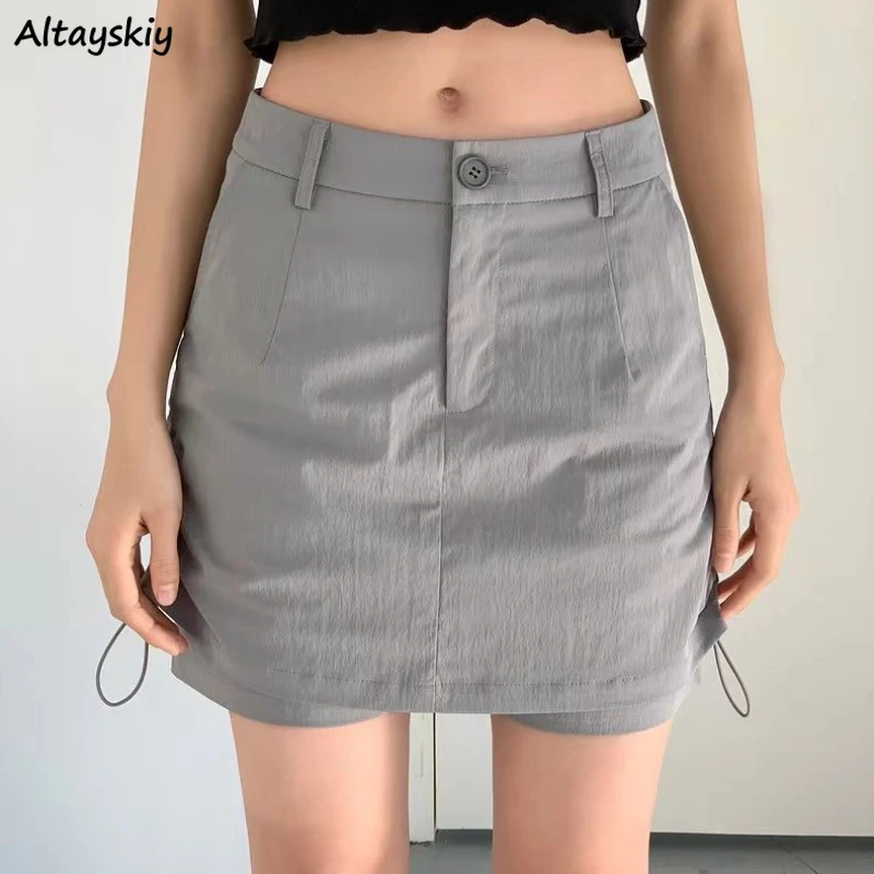 Mini Skirts Women Solid Simple Summer All-match High Waist A-line Leisure Quick Dry Tender Stylish Faldas Buttons Temperament