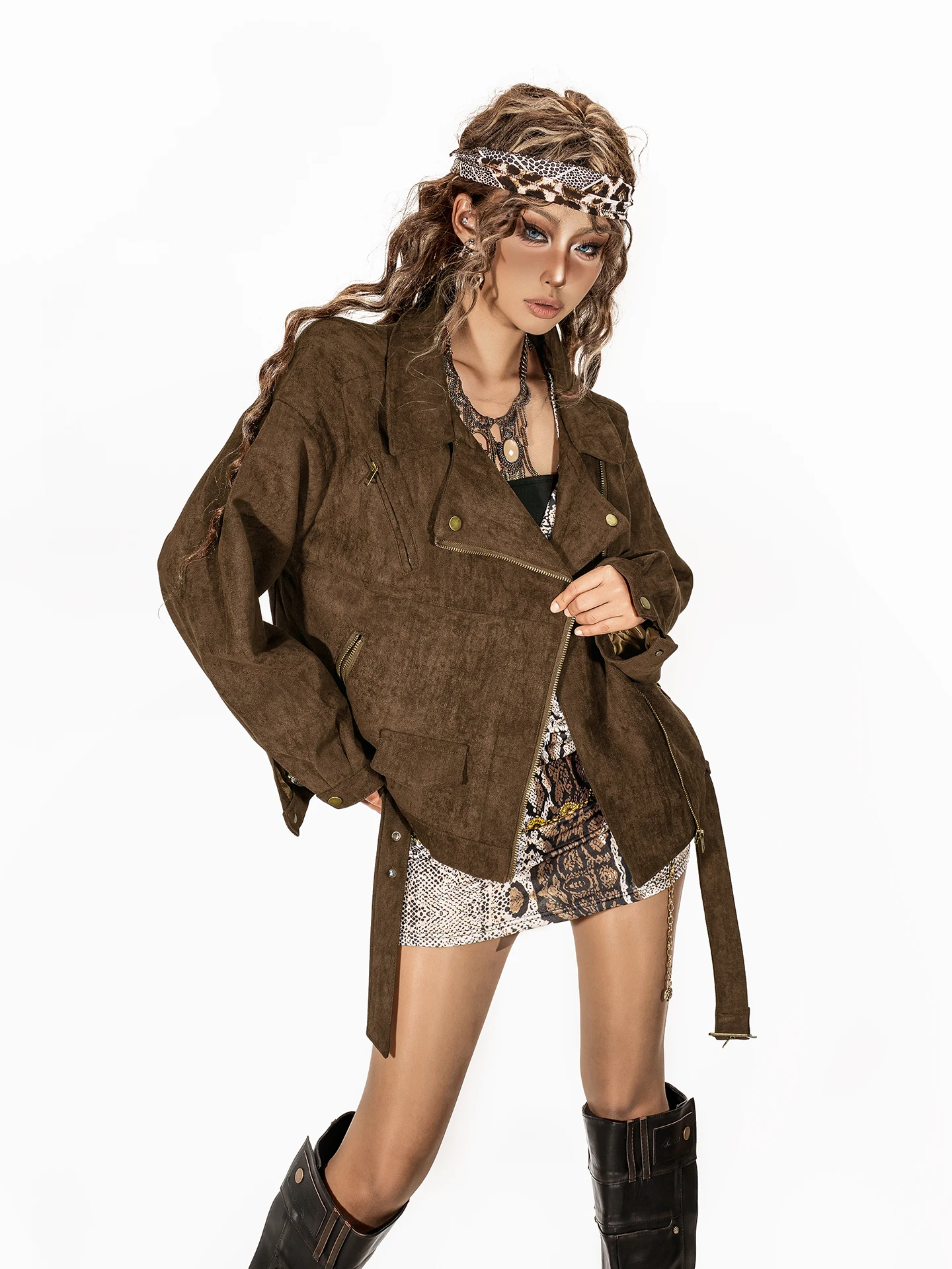 ink Women's Suede Jaet Retro American Workwear Motorcycle Sle Autumn Winter Faion Outerwear ort Coat Zipper Closure