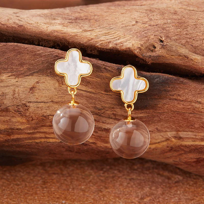 

New Four-Leaf Clover Natural White Crystal Stud EarringsS925Sterling Silver Colored Gems Ear Rings Wholesale