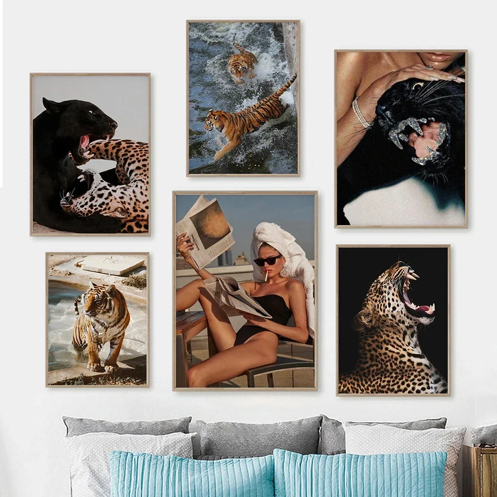 Cheetah Luxury Poster Motivational Fashion Wall Art Canvas Modern Animal Tiger Lion Streetwear Girl Painting Room Home Decor