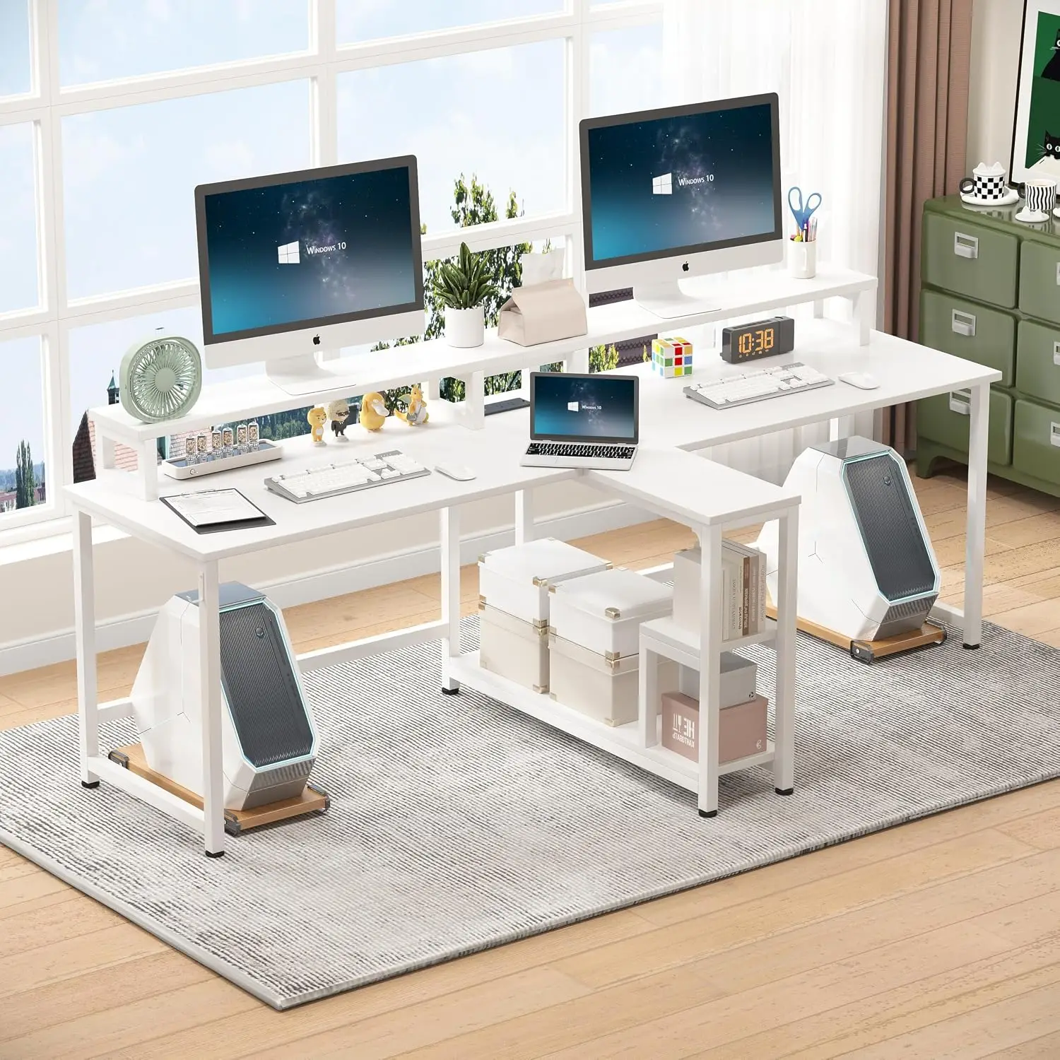 Two Person Gaming Desk With Charging Station & LED Lights, Monitor Stand & Shelves, 83.7 Inch Workstation, Customized