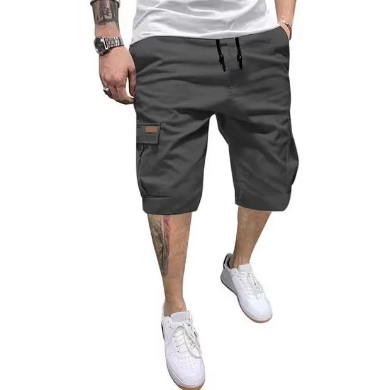 Men Drawstring Waist Multi Pocket Washed Cotton Cargo Capri Shorts