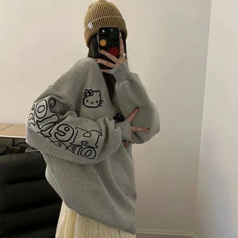 

Модная толстовка без капюшона Sanrio Hello Kitty, женская уличная модная свободная толстовка с мультяшным принтом, стильные топы Kawaii Edgy, женская одежда