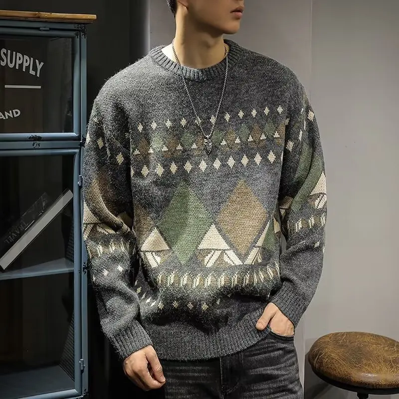 

Мужской вязаный свитер Thiened, осенне-зимний теплый базовый слой, ретро, американский, на молнии, с этническим рисунком, Oute...