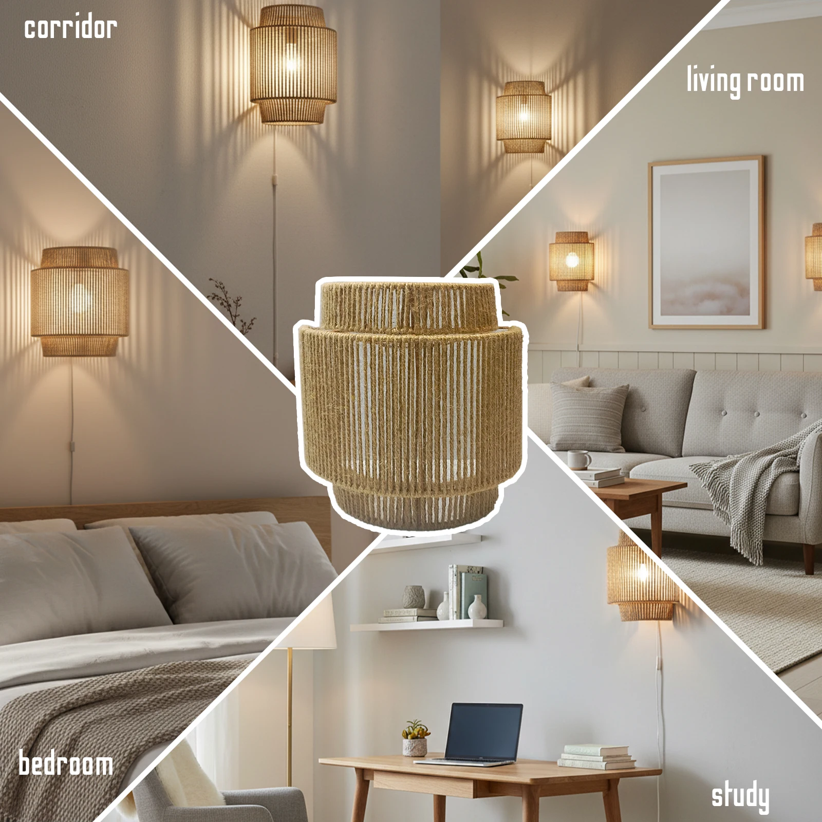 Woven Rattan Lamp Shade Replacement, Farmhouse Rustic Wicker Light Cover, Boho Style 2-Tier Pendant Lampshade for Hanging Lights