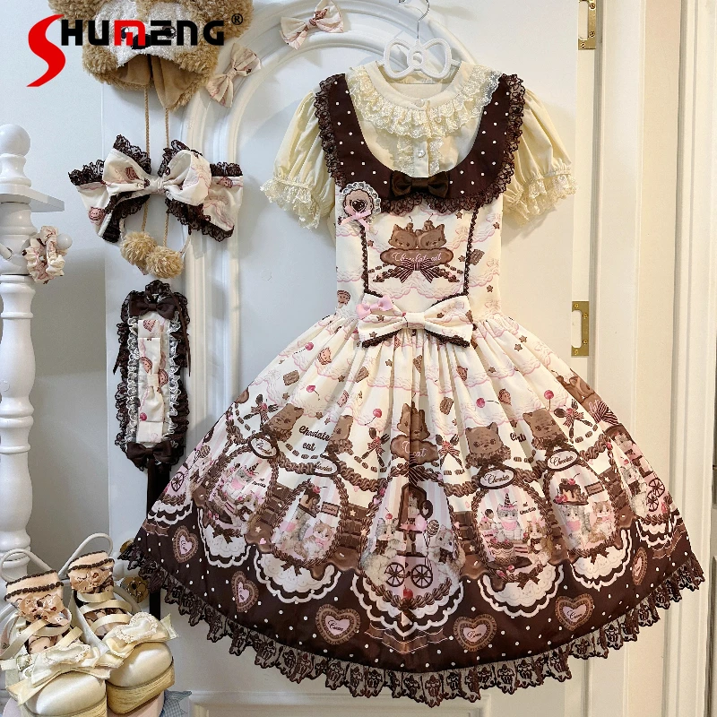 

Original Lolita Sweet Dress JSK Summer New Daily Girl's Cute Bow Print Birthday Dress Loli Lo Sleeveless Mini Princess Dresses