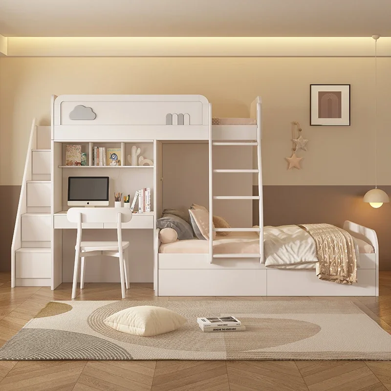 Camas superiores e inferiores escalonadas de madera maciza, con armario, cama de escritorio de dos pisos paralela, dislocación blanca