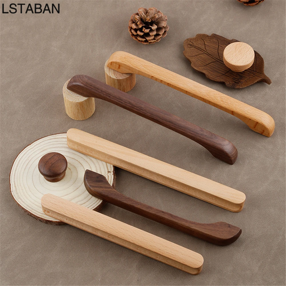 Walnut Solid Wood Cabinet Handles Beech Wooden Furniture Door Handle Kitchen Cupboard Drawer Knobs Wardrobe Hardware Pull Handle