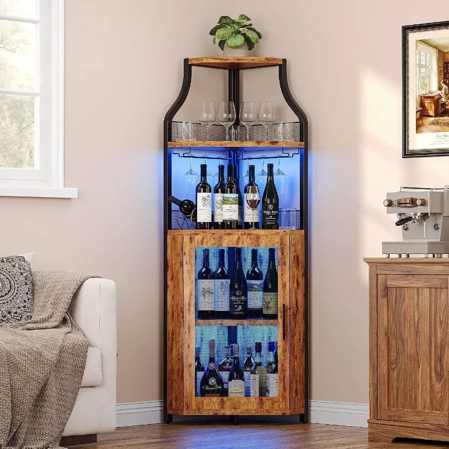 Corner Bar Cabinet for Home Use, MDF Wood in Walnut Finish, LED Lighting 5-Tier Wine Rack with Smooth Sliding Doors