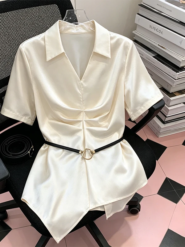 

Summer 2026 Women's plus Size Shirt Slimming Short Sleeve V-Neck Asymmetric Waist-Cinched Acetate Satin Comfortable Breathable