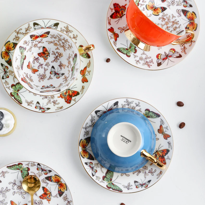 European Coffee Cup and Saucer Set, Colorful Butterfly, British Bone China, Afternoon Tea Party Porcelain Teacup