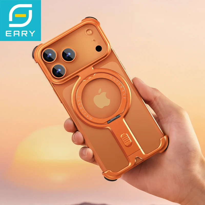 

Минималистичный чехол Eary для iPhone 17 Pro Max с беспроводной зарядкой Magsafe 360° ° Магнитная подставка Алюминиевая металлическая безрамная крышка