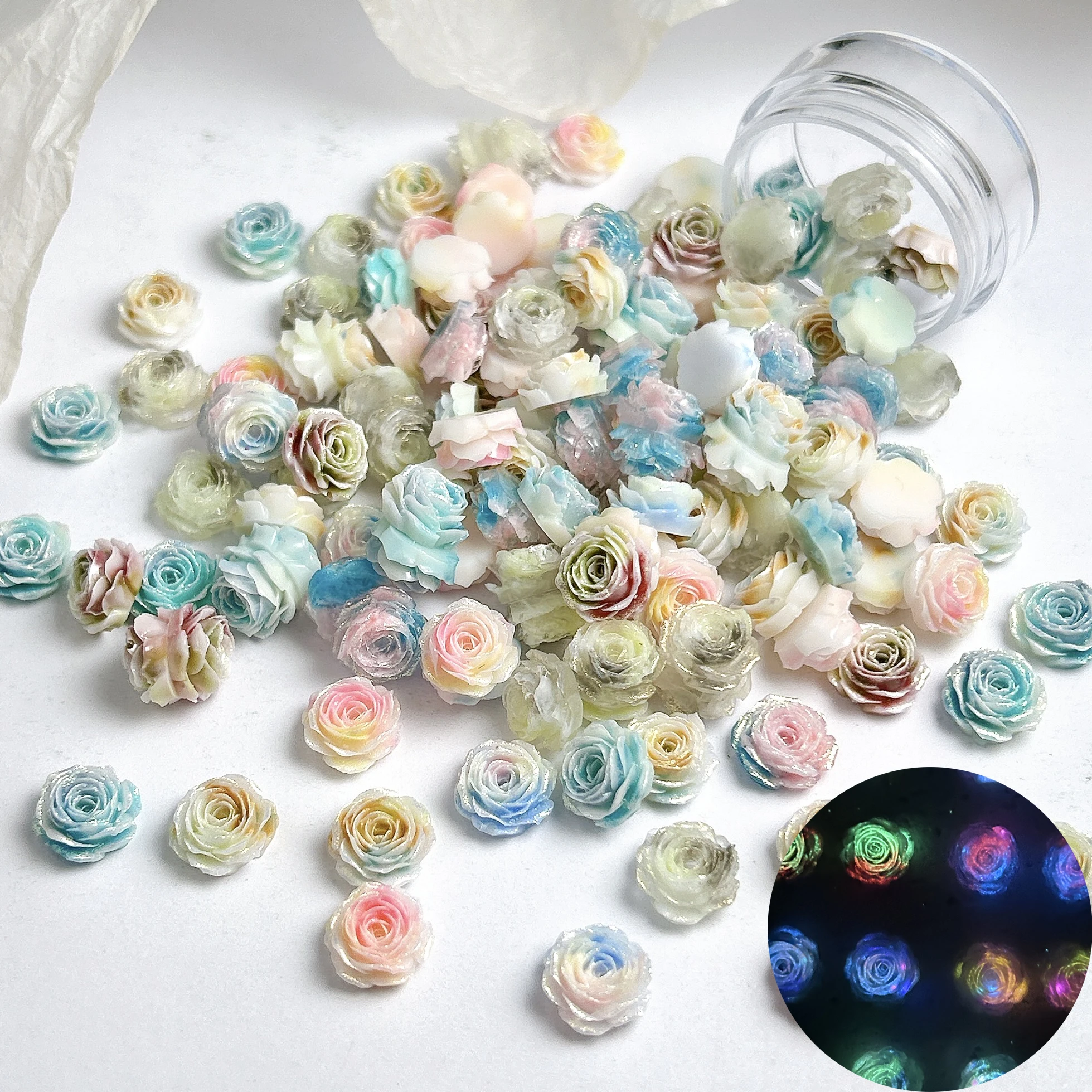 Breloques pour ongles en résine Rose lumineuse, plusieurs couleurs, 3D, fleur Fine et brillante de rêve, décorations pour Nail Art, boucles d'oreilles, matériaux pour ongles, DIY