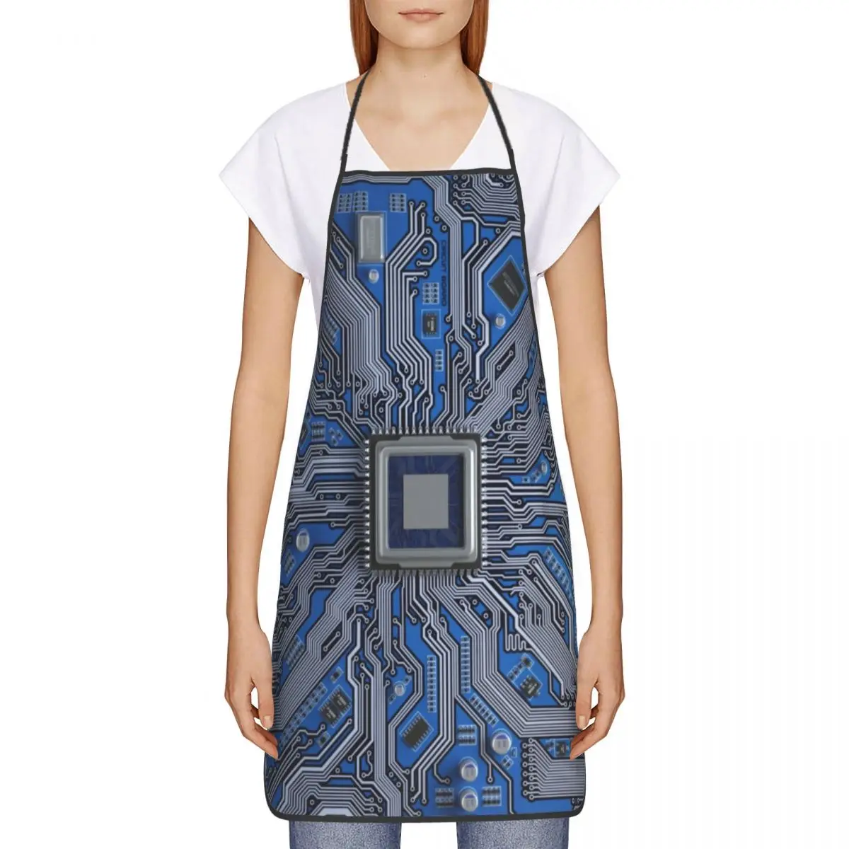 Computer Chip Geometric Circuit Apron Women Men Unisex Bib Science Hacker Programmer Cooking Kitchen Tablier Cuisine Chef Baking