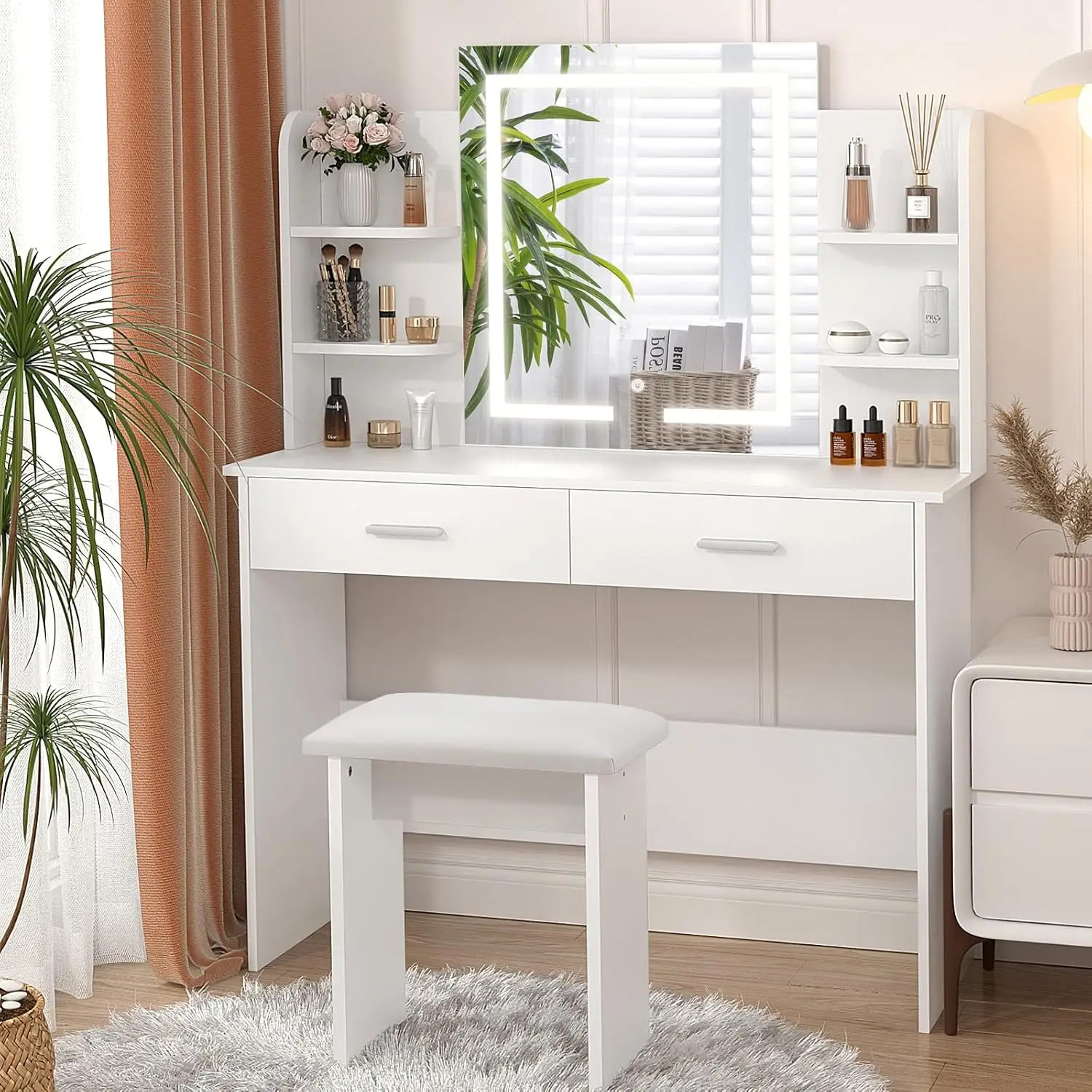 SMOOL Vanity Desk with Lighted Mirror - Makeup Table with 3 Color Options, Adjustable Brightness, 6 Shelves, 2 Drawers, White