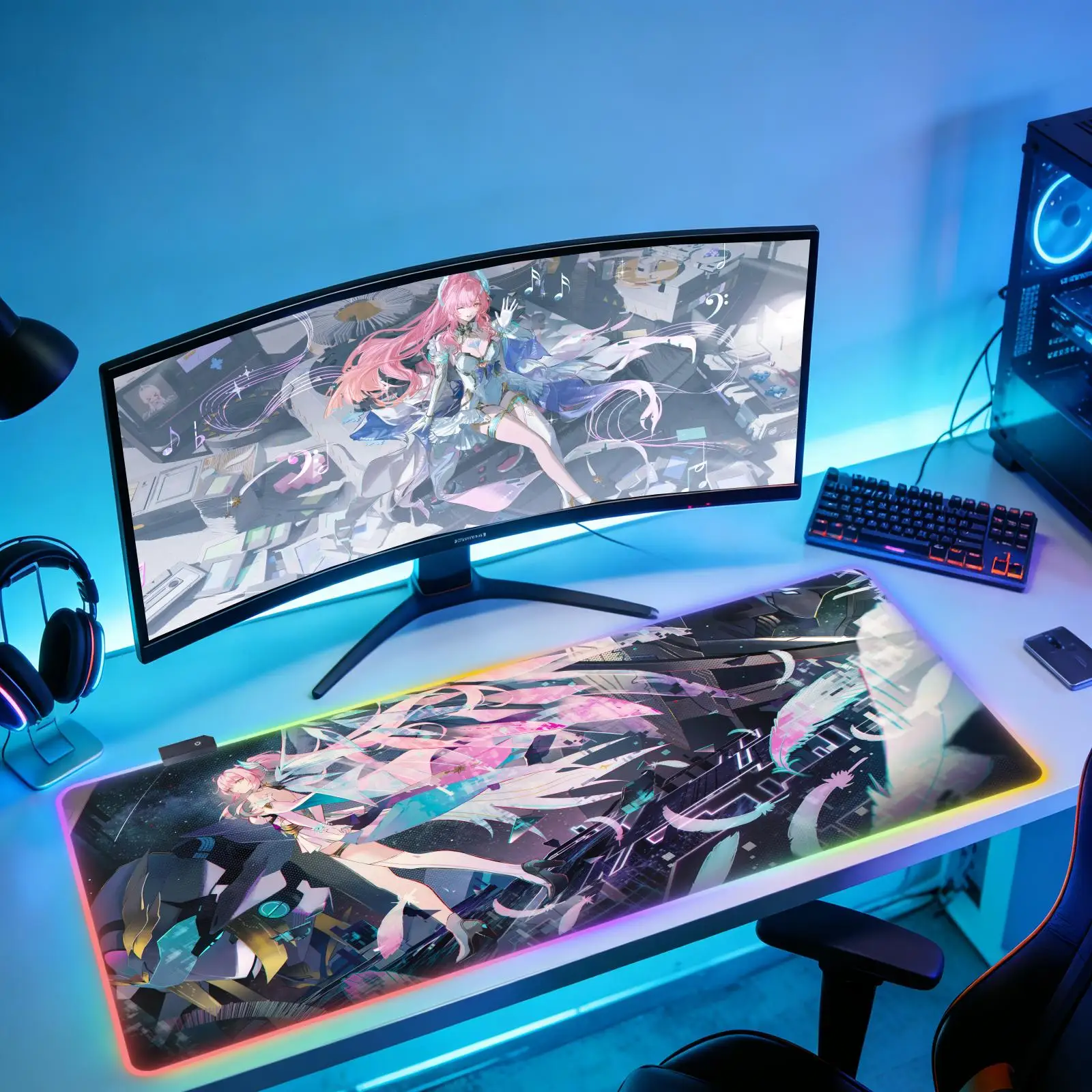 

Коврик для мыши Wuthering Waves Cartethyia RGB с HD-печатью, для геймеров, с фиксированными краями, нескользящий, 90x40 см, для клавиатуры и ПК, настольный коврик