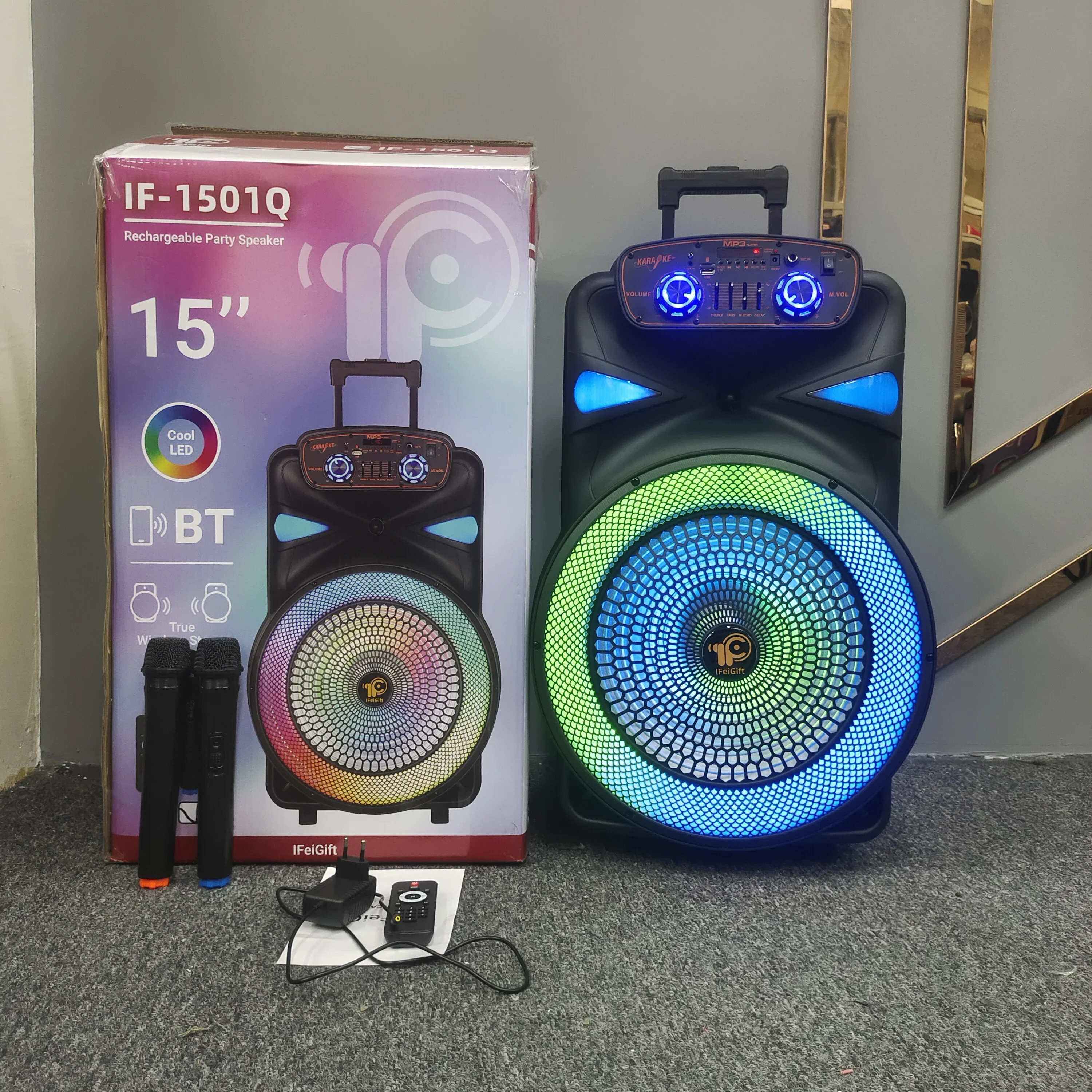 IF-1501Q Portable Bluetooth Speaker Big Wireless Stereo Bass Karaoke Party Speakers Subwoofer Support FM Radio RGB LED Light