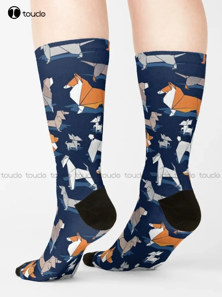 Origami Doggie Friends Blue Background Paper Chihuahuas Dachshunds Corgis German Shepherds Collies Poodles Terriers Socks Retro