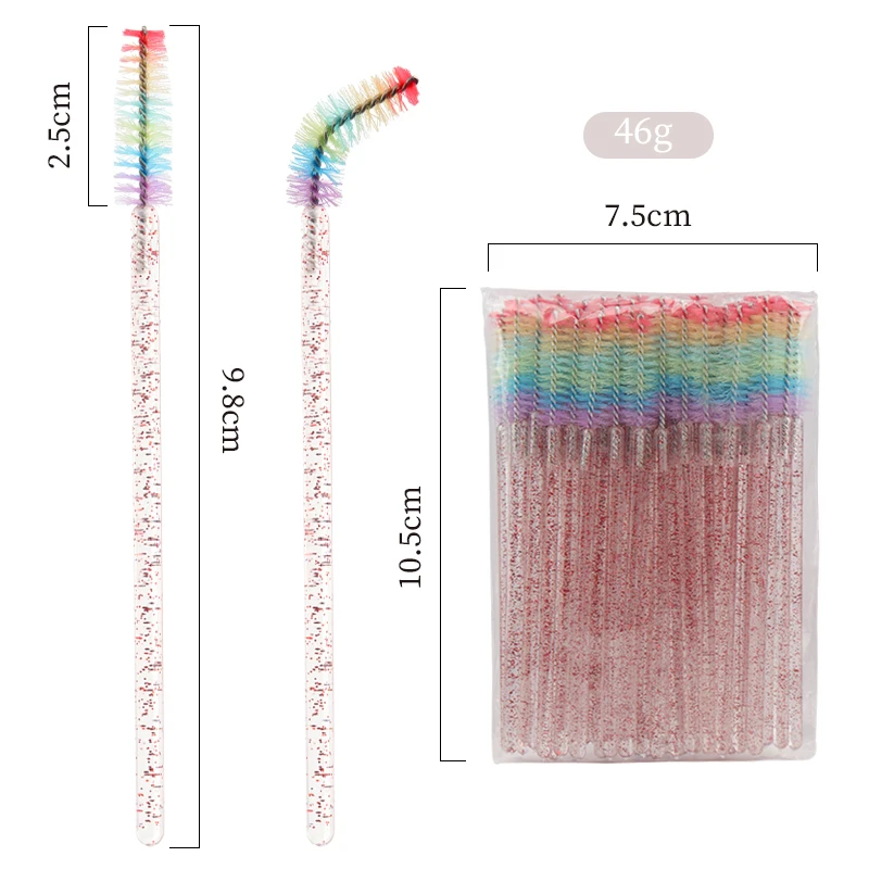 Escova descartável de cristal para cílios, 50 peças, extensão de cílios, pincéis de maquiagem, aplicador de varinha de rímel, pente de sobrancelha, microbrush arco-íris