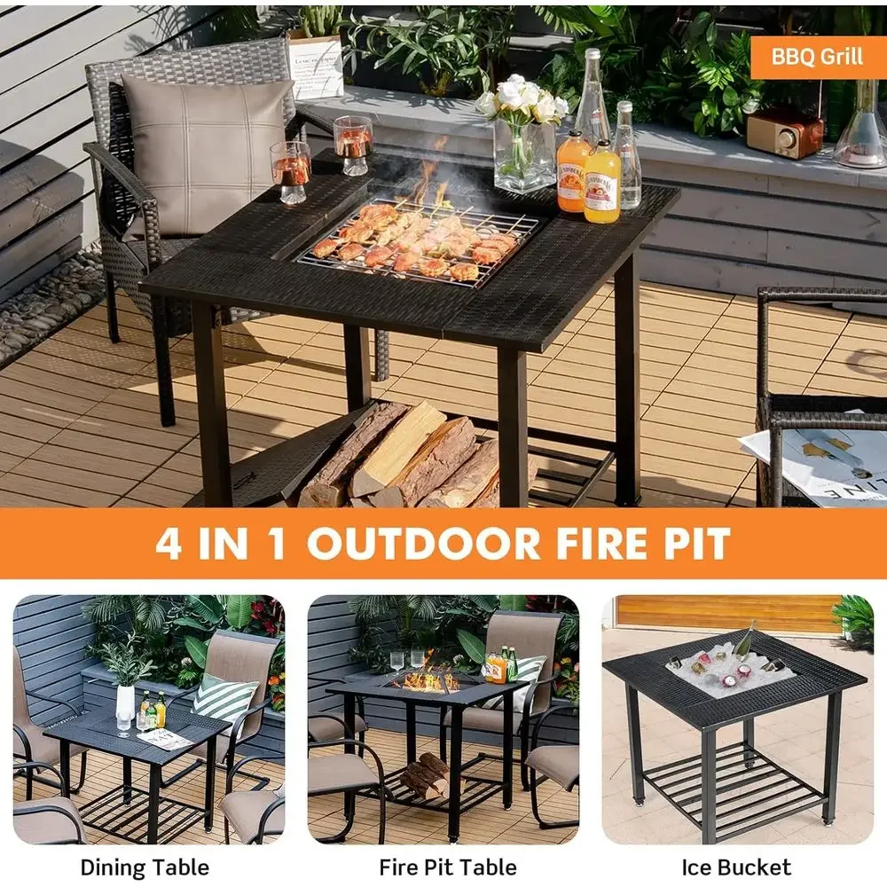 Multifunctional Outdoor Square Fire Pit with Mesh Cover, Removable Lid, Cooking and Log Grates, Ideal for Patio, Garden, or Pool