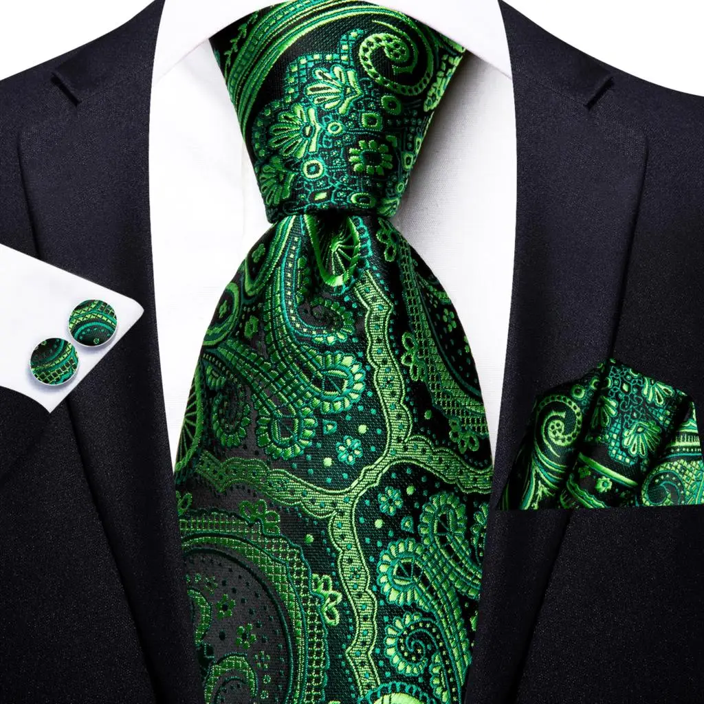 Corbata de seda verde a rayas para hombres, mancuerna de Cachemira, regalo de moda, fiesta de negocios, boda, diseño de hi-tie, envío directo
