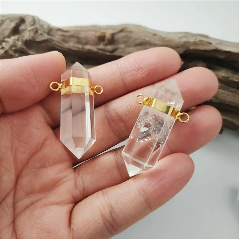 FUWO 1PCS Natural Clear Quartz Pendant,Handmade Double Point Healing Crystal Accessories For Necklace Making PD452