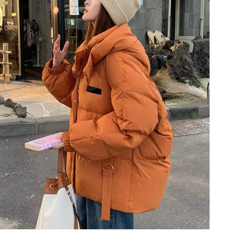 Rose Red Casual Loose Hooded Top Down Jacket Fashion Korean Long Sleeve Women\'s Winter Cotton Jacket Warm Solid Zipper Top Coat