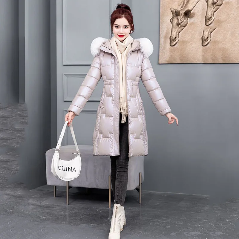 2023 New cotton coat, bright face, down cotton coat, women\'s long cotton-padded jacket, women\'s slim and thick cotton coat