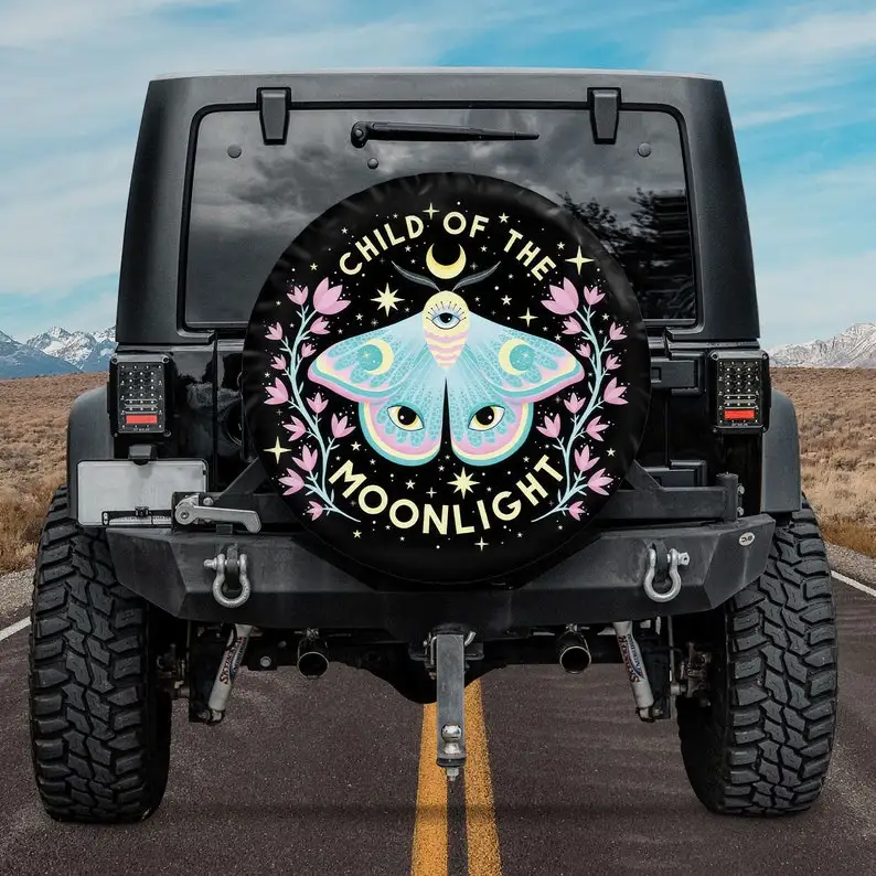 Child Of The Moonlight Moth Spare Tire Cover, Custom Personalized Tire Cover, Gift for Car Lover, RV SUV Tire Cover, Car Accesso