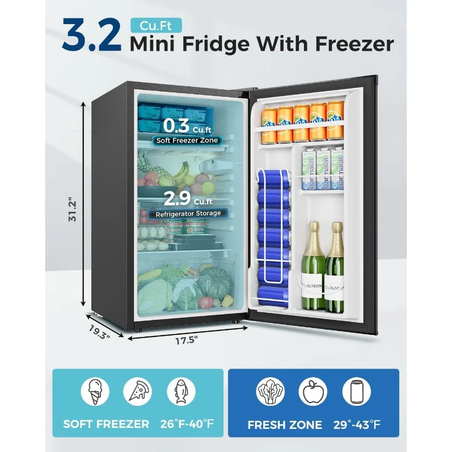 ثلاجة صغيرة مدمجة بباب واحد 3.2 قدم مكعب مع فريزر لغرفة النوم والشقة والمكتب والفصول الدراسية - ترموستات قابل للتعديل منخفض #2