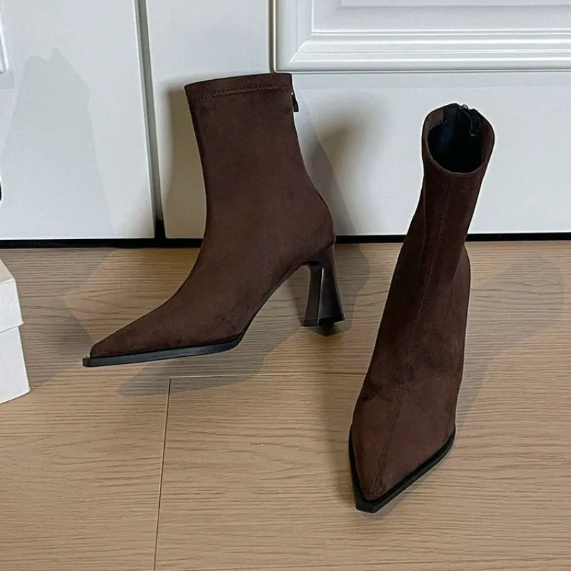 Women's Suede Pointed Toe Ankle Boots 2026 French Style Khaki Block Heel Elastic Sock Top Stretch Fit Slip on Office Shoes