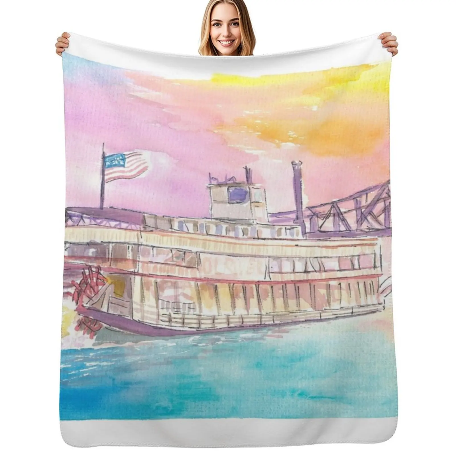

Mississippi Steamboat Cruising on Ol Man River into Sunset Throw Blanket Nap Tourist Soft Plaid bed plaid Blanket