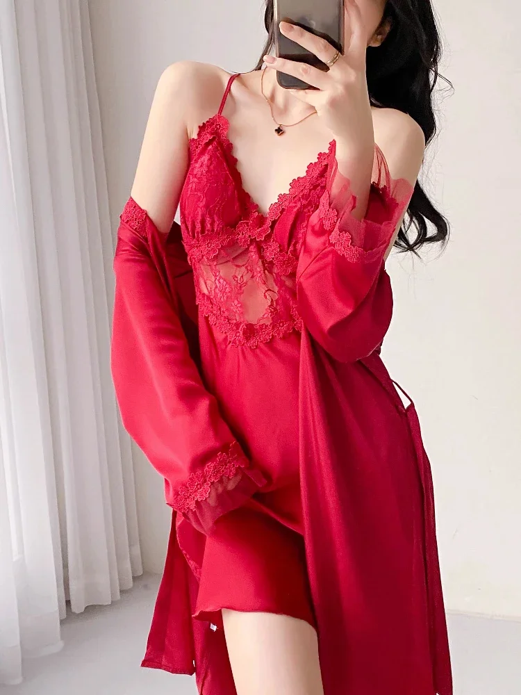 Silk Robes for Women, Sexy Lace Lingerie with Deep V Neck and Backless Design, Padded Sleepwear Gown Set with Tie Belt for Home