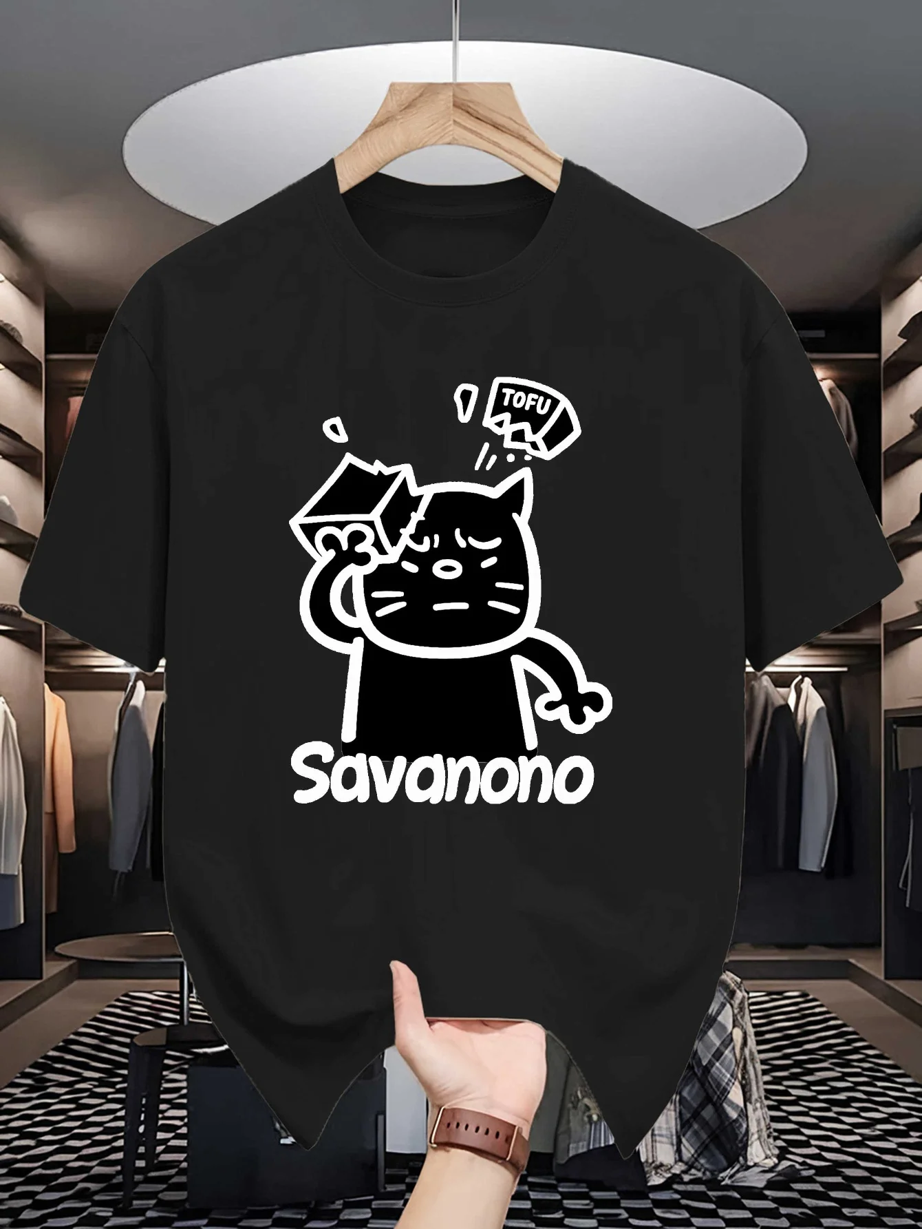Simple Line Cat Tofu Cartoon Graphic Mens Crew Neck T Shirt Funny Savanono Character Print Short Sleeve Casual Cotton Daily Tops
