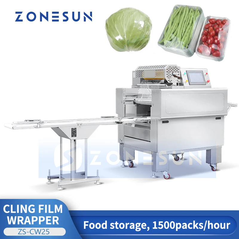 ZONESUN Automatic Horizontal Cling Film Wrapping Machine Food Tray Wrapper Meat Fruits Vegetables Packaging Equipment ZS-CW25