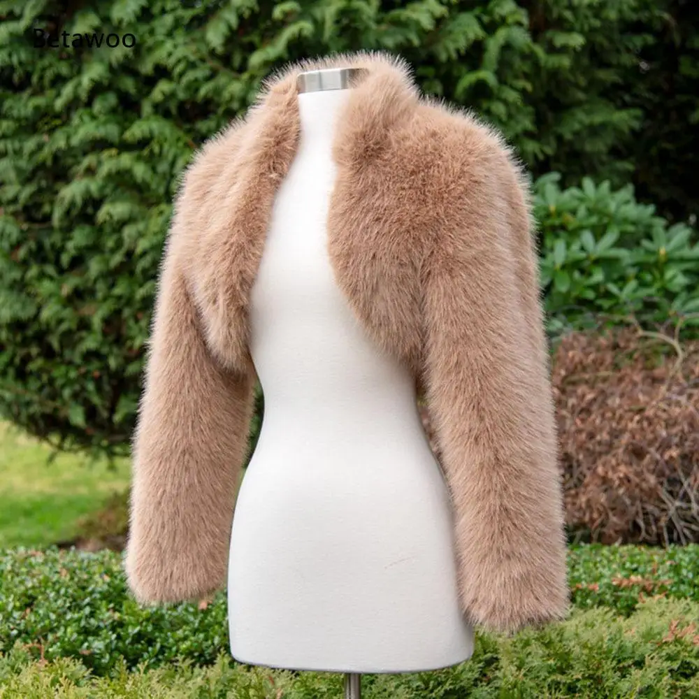 Women Open Front Faux Fur Bolero Shrug Long Sleeve Cropped Jacket Fluffy Furry Wedding Evening Outerwear