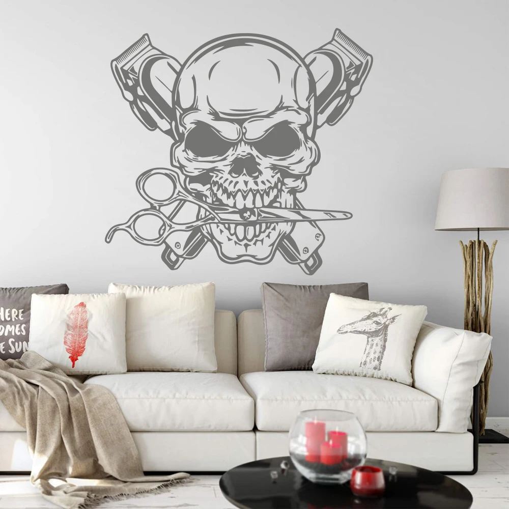 

Large Barber Skull Hairstyle Wall Sticker Barbershop Flag Patriotic Barber Man Cave Wall Decal Studio Shop Home Decor