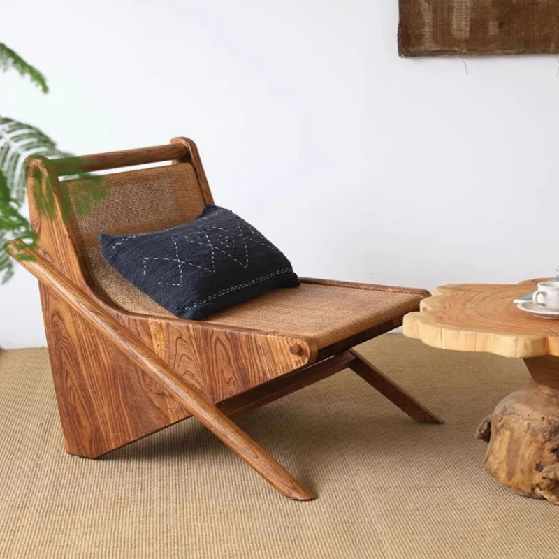 

Wind Medieval Casual Rattan Chair Backrest Dining Chair Retro Solid Wood Balcony Sofa Reclining Chair Homestay Furniture