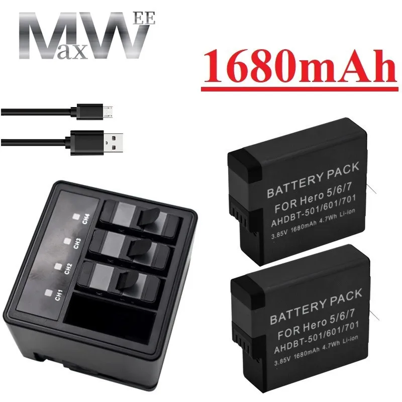 MaxWee For GoPro Hero 7 Hero 6 Hero 5 Battery 1680mAh + USB 4 Slots Charger Type C for GoPro Hero 7 6 5 Black Cameras Battery