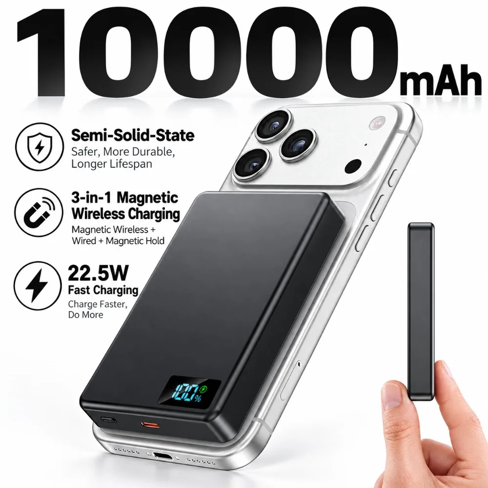 Semi‑Solid 10000mAh Magnetic Wireless Power Bank Aluminum Alloy Shell Digital Display PD20W Fast Charging 3‑in‑1 Mobile Battery