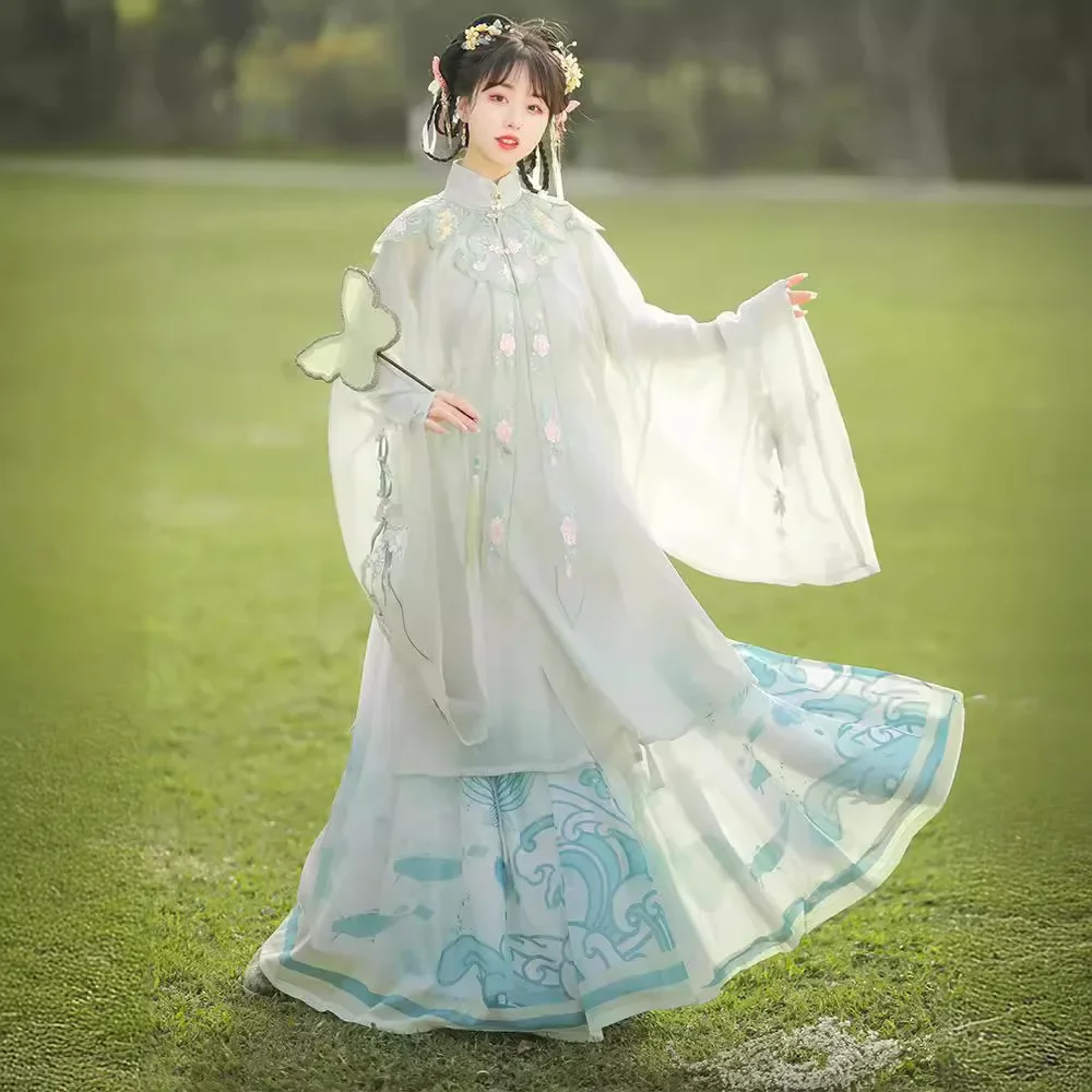 Saia plissada hanfu feminina, ombro feito pela Ming, cardigã de gola alta, vestido antigo, estilo chinês