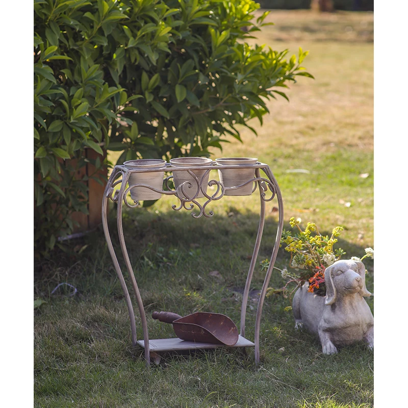 French Country Triple Pot Planter Stand, Antique Pewter Iron Herb Display with 3 Flower Pots, European Conservatory Garden Decor