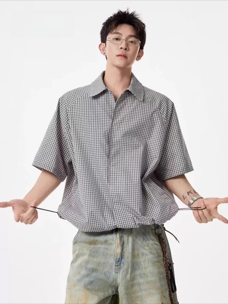 Japanese Vintage Seersucker Gingham Shirt Men Summer Oversized Short Sleeve Collared Shacket Casual Checked Button Down
