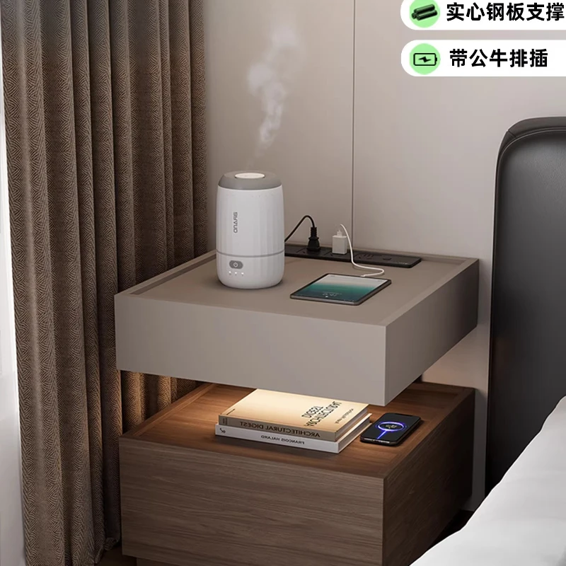 Italian bedside table with power strip Suspension type household bedroom with lamp Rechargeable solid wood light luxury